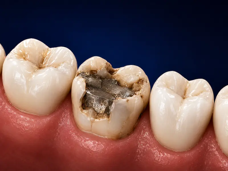 dental-crown-tijuana-before Damaged lower molar with a large failing filling before dental crown treatment in Tijuana