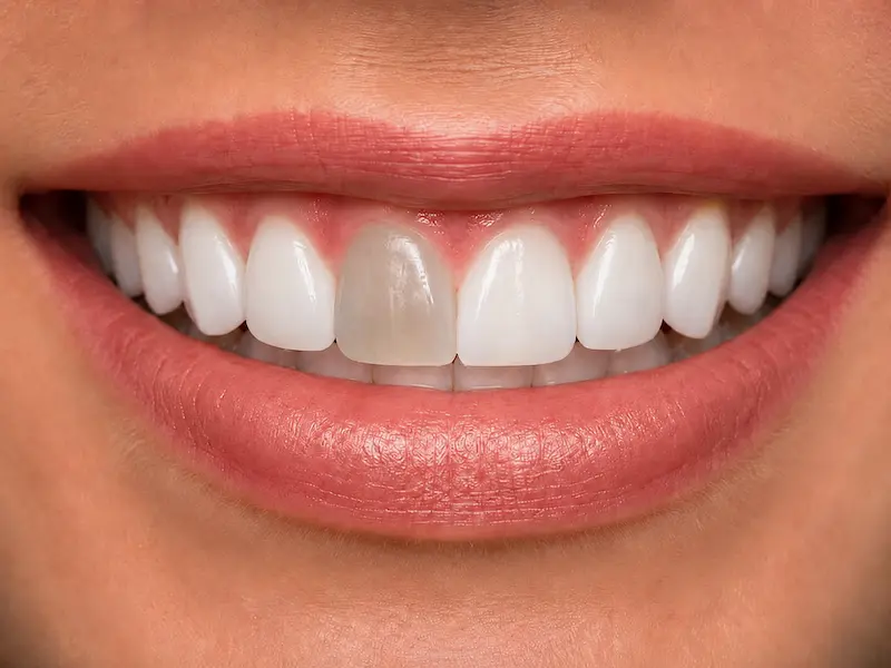 internal-bleaching-tijuana-before Darkened upper central incisor after root canal treatment before internal bleaching in Tijuana
