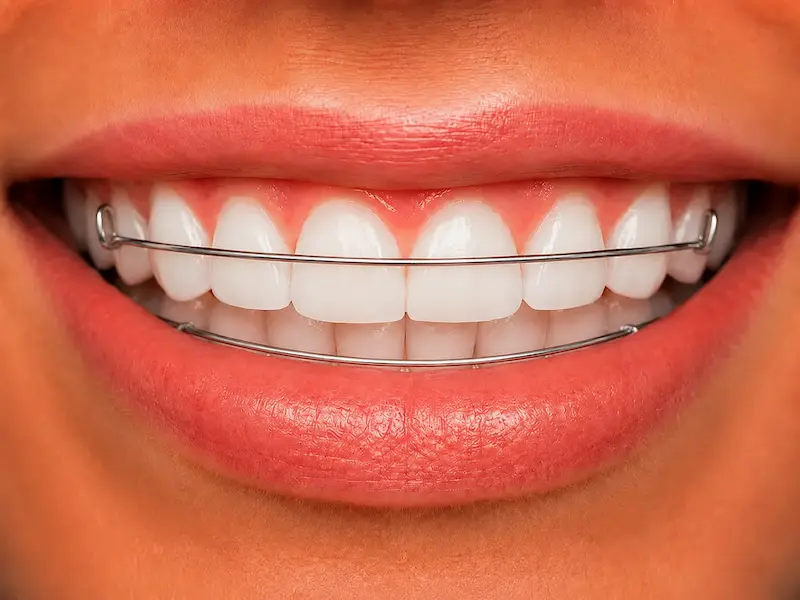 retainers-tijuana-after Teeth wearing conventional orthodontic retainers with visible metal wire in Tijuana Title: Retainers in Tijuana - After