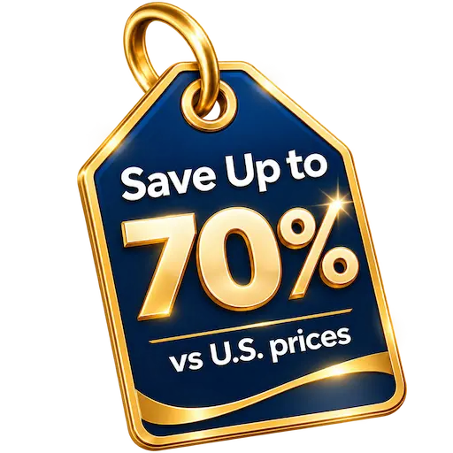 Price tag showing savings of up to 70% compared with U.S. dental prices